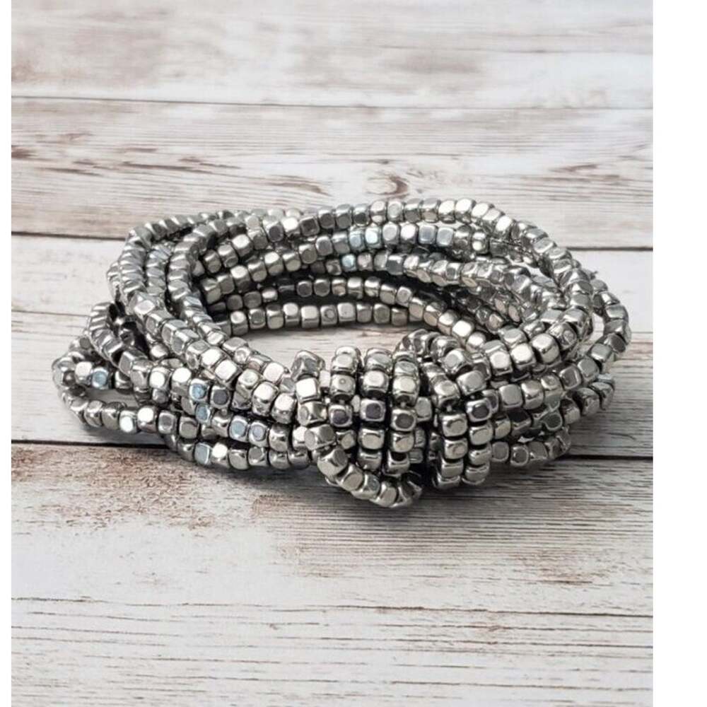 Vintage Bracelet / Bangle Stretchy Silver Tone Beads with Knot Design